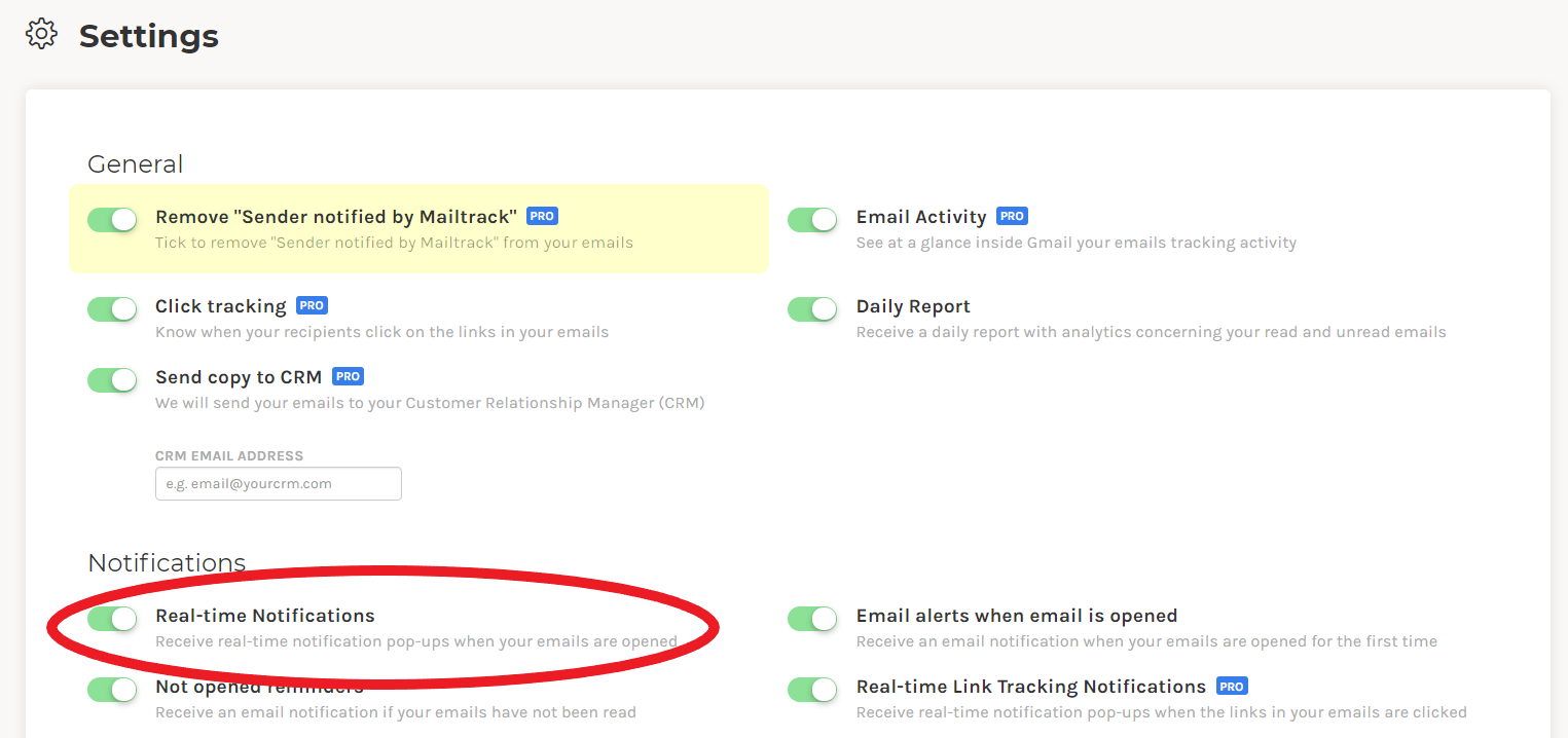 Real-time notifications in settings