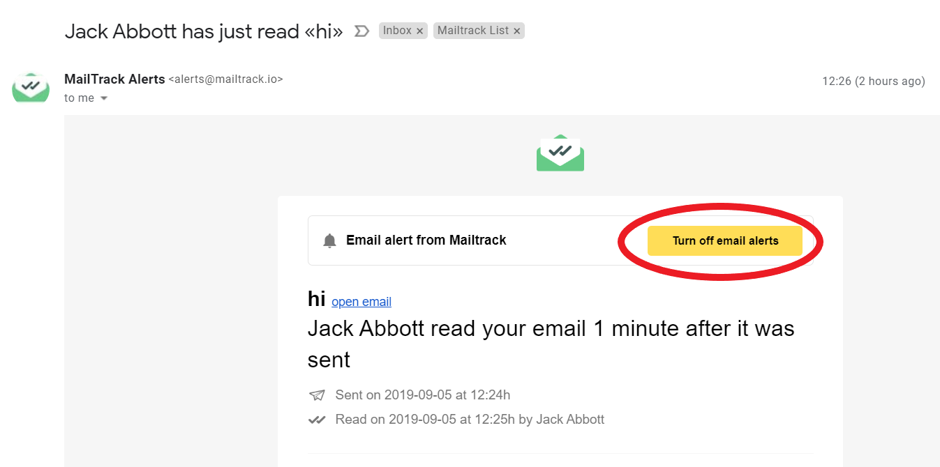 Turn off email alerts button