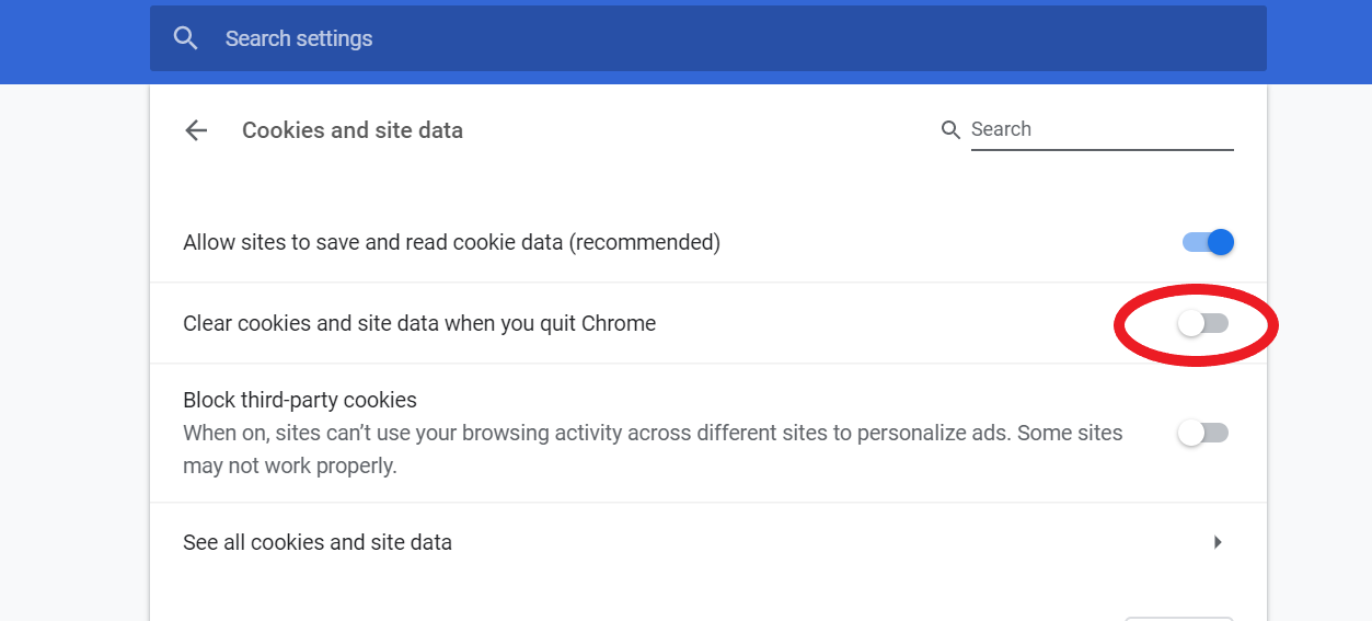 Cookies and site data option in Chrome