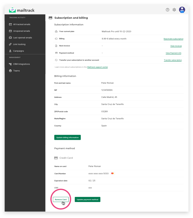 The Remove card option in the Mailtrack dashboard